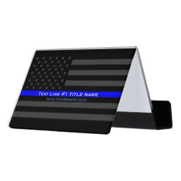 Personalized US Thin Blue Line 2 Lines of Text Desk Business Card Holder