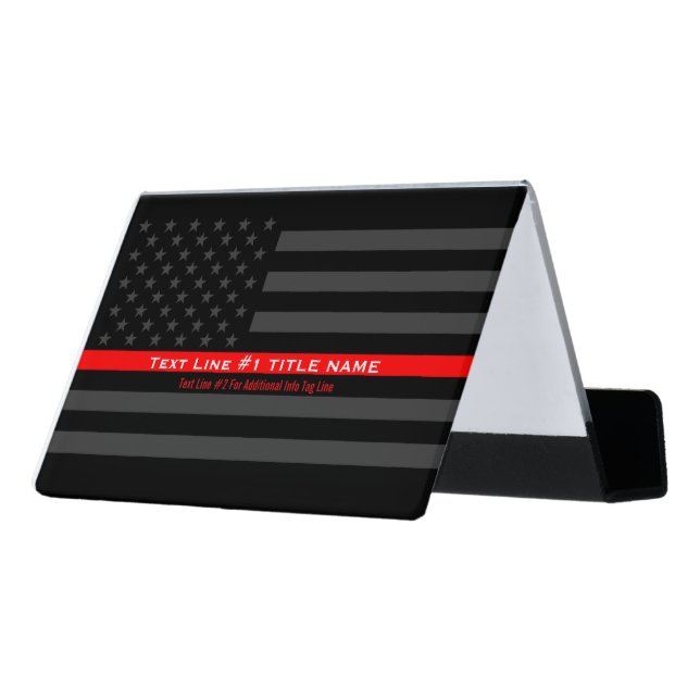 Personalized US Thin Red Line 2 Lines of Text Desk Business Card Holder (Angled Back)