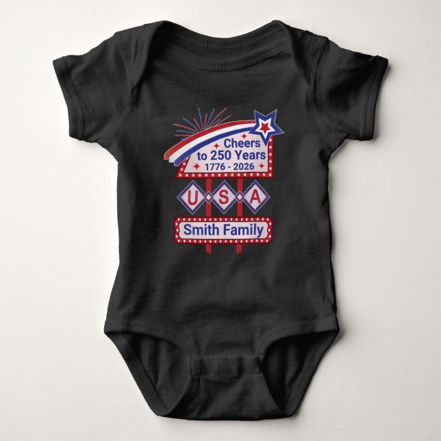 Personalized USA 250–Patriotic Retro Marquee Baby Bodysuit (Front)