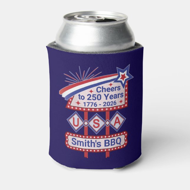 Personalized USA 250–Patriotic Retro Marquee Can Cooler (Can Back)