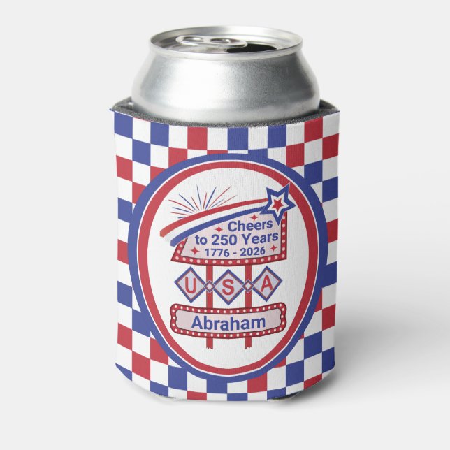 Personalized USA 250–Patriotic Retro Marquee Can Cooler (Can Back)