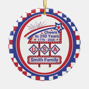 Personalized USA 250–Patriotic Retro Marquee Ceramic Ornament