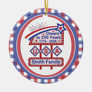 Personalized USA 250–Patriotic Retro Marquee Ceramic Ornament