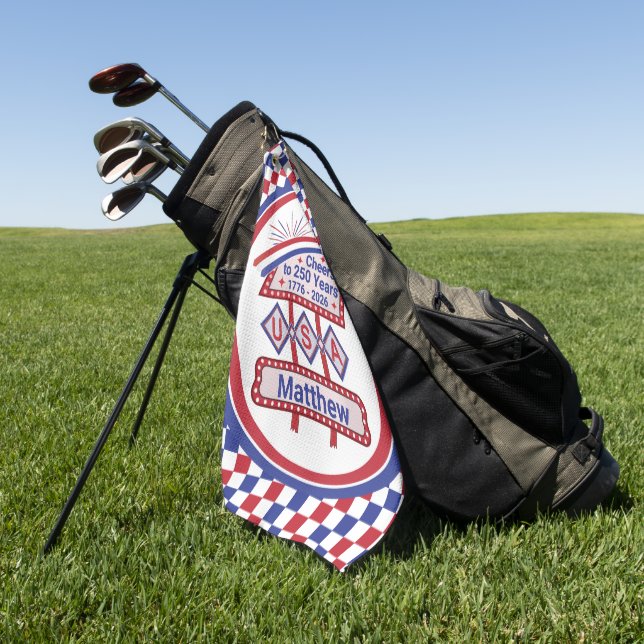 Personalized USA 250–Patriotic Retro Marquee Golf Towel (Green)