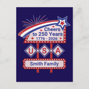 Personalized USA 250–Patriotic Retro Marquee Holiday Postcard