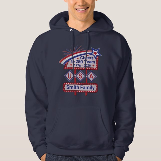 Personalized USA 250–Patriotic Retro Marquee Hoodie (Front)
