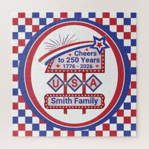 Personalized USA 250–Patriotic Retro Marquee Jigsaw Puzzle