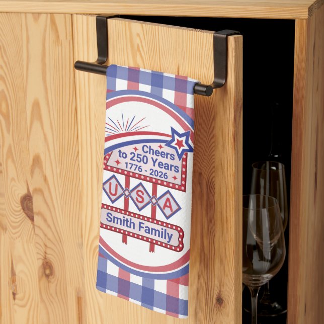 Personalized USA 250–Patriotic Retro Marquee Kitchen Towel (Thirds Fold)