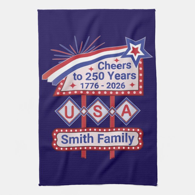 Personalized USA 250–Patriotic Retro Marquee Kitchen Towel (Vertical)