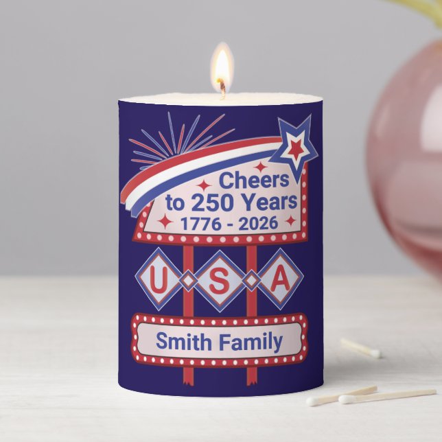 Personalized USA 250–Patriotic Retro Marquee Pillar Candle (In Situ)