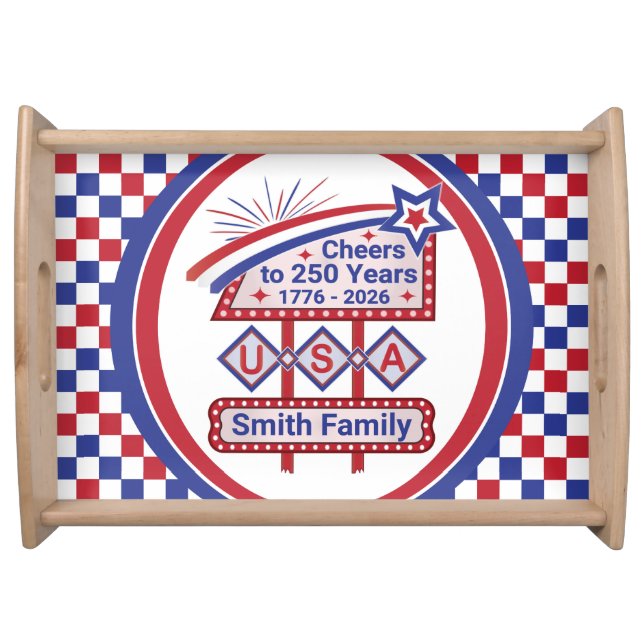 Personalized USA 250–Patriotic Retro Marquee Serving Tray (Front)