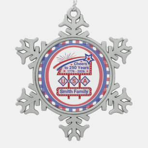 Personalized USA 250–Patriotic Retro Marquee Snowflake Pewter Christmas Ornament