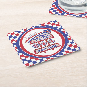 Personalized USA 250–Patriotic Retro Marquee Square Paper Coaster