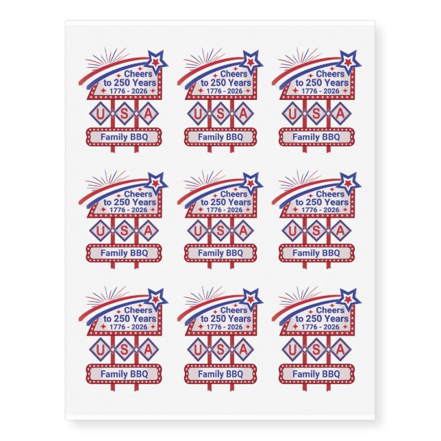 Personalized USA 250–Patriotic Retro Marquee Temporary Tattoos (Front)