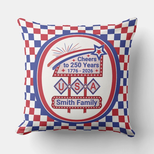 Personalized USA 250–Patriotic Retro Marquee Throw Pillow (Front)
