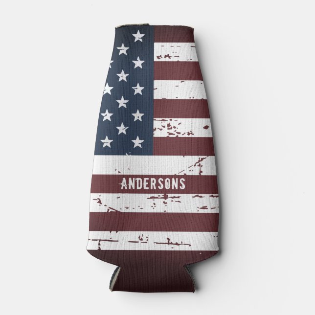 Personalized USA American Flag Patriotic July 4th Bottle Cooler (Front)