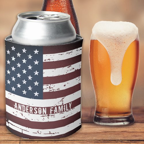 Personalized USA American Flag Patriotic July 4th Can Cooler
