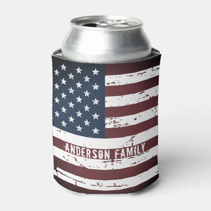 Personalized USA American Flag Patriotic July 4th Can Cooler | Zazzle