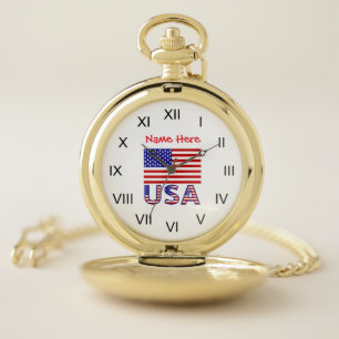 Personalized USA American Flag Red Roman Numerals Pocket Watch