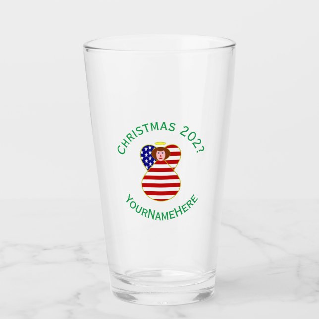 Personalized USA Angel Christmas Flag Red Hair Glass (Front)