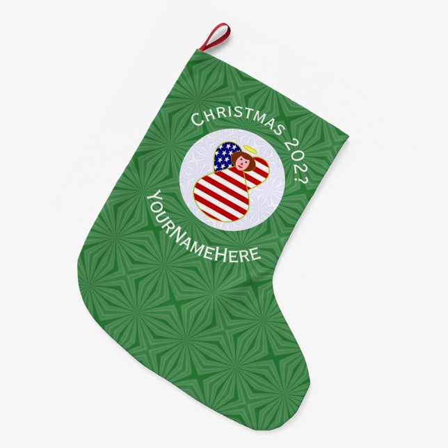 Personalized USA Angel Christmas Flag Red Hair Large Christmas Stocking (Front (Hanging))