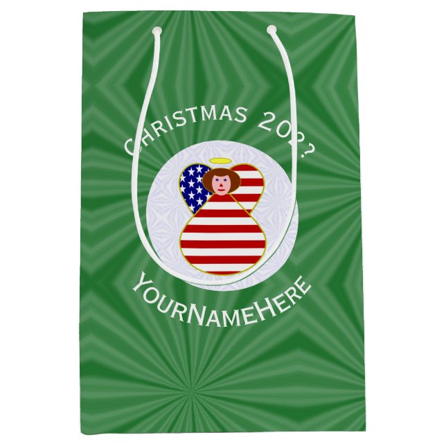Personalized USA Angel Christmas Flag Red Hair Medium Gift Bag (Front)