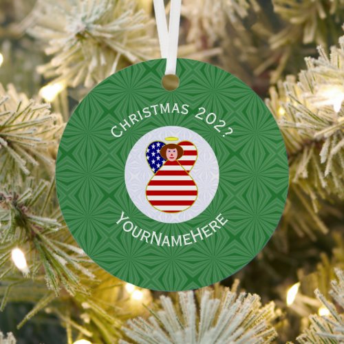 Personalized USA Angel Christmas Flag Red Hair Metal Ornament