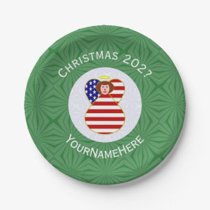 Personalized USA Angel Christmas Flag Red Hair Paper Plates