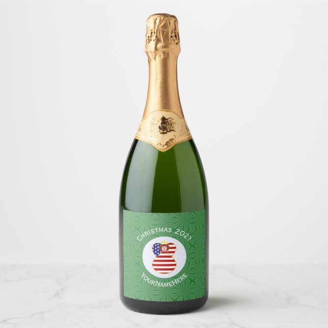 Personalized USA Angel Christmas Flag Red Hair Sparkling Wine Label (Front)