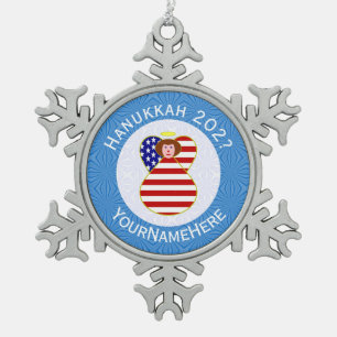 Personalized USA Angel Hanukkah Flag  Snowflake Pewter Christmas Ornament