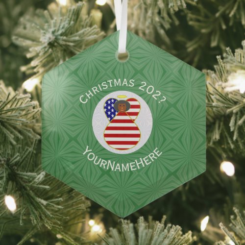 Personalized USA Black Angel Christmas Flag Glass Ornament