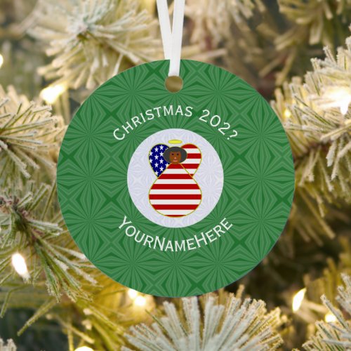 Personalized USA Black Angel Christmas Flag Metal Ornament