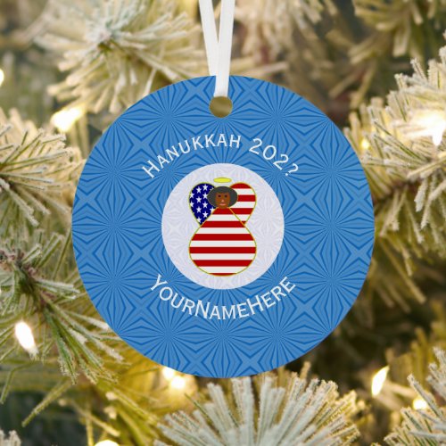 Personalized USA Black Angel Hanukkah Flag  Metal Ornament