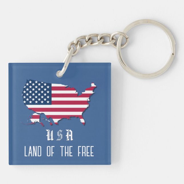 Personalized USA Flag Over Map in Denim Blue Keychain (Back)