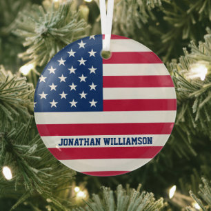 Personalized USA Flag Stars and Stripes Glass Ornament