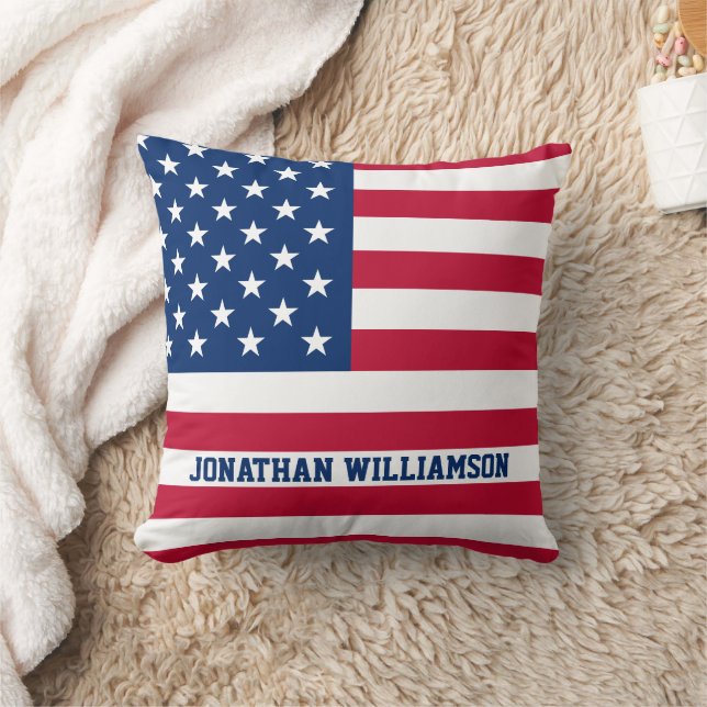 Personalized USA Flag Stars and Stripes Throw Pillow (Blanket)