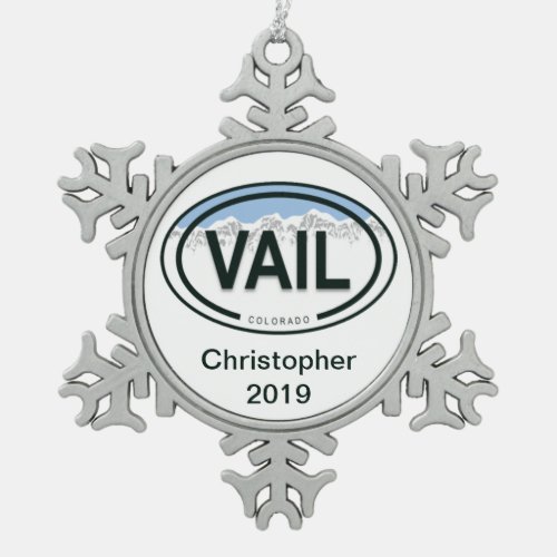 Personalized Vail Colorado Rocky Mountain Snowflake Pewter Christmas Ornament