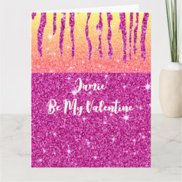 Personalized Valentine Hot Pink Glitter Two Tone  Card