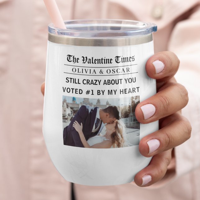 Personalized Valentine Newspaper Photo Thermal Wine Tumbler (Creator Uploaded)