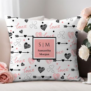 Personalized Valentine Pillow Pink Black Hearts