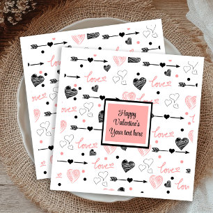 Personalized Valentine Pink Black Hearts Sketch Napkins