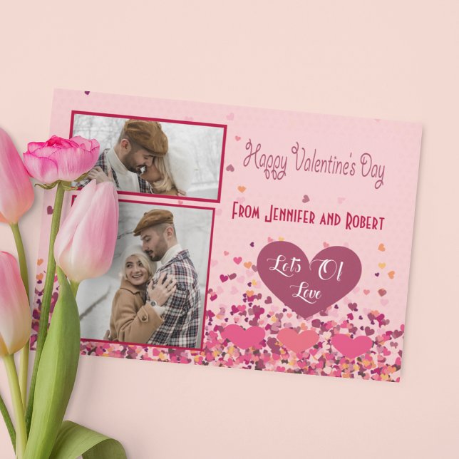 Personalized Valentine’s Day Photo with Pink Heart Note Card (Valentine Day Personalized Photo Pink Hearts Card)