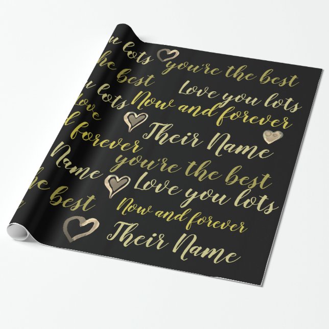 Personalized VALENTINE - Words of Love Black Gold Wrapping Paper (Unrolled)