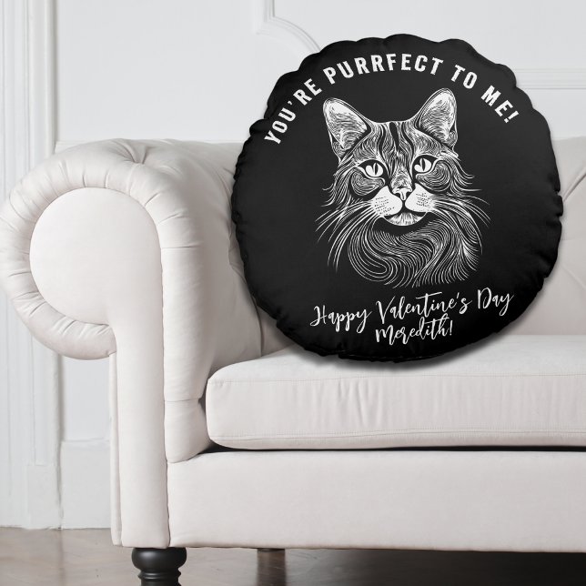 personalized Valentines black&white purrfect cat  Round Pillow (Creator Uploaded)