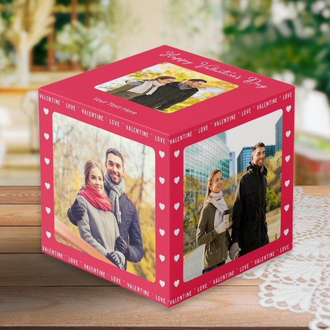 Personalized Valentine's Day Gift Red Multi Photo Cube (A red cube for display of 5 favorite photos, with Happy Valentine's Day message and custom message)