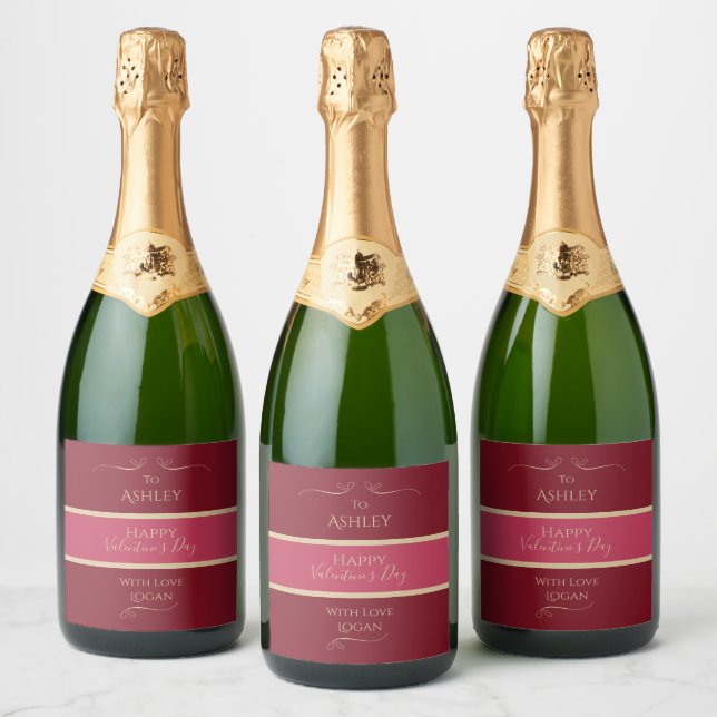 Personalized Valentines Day Name Elegant Burgundy Sparkling Wine Label (Bottles)