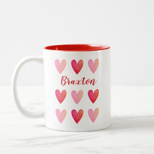 Personalized Valentines Day Pink Red Hearts Two_Tone Coffee Mug