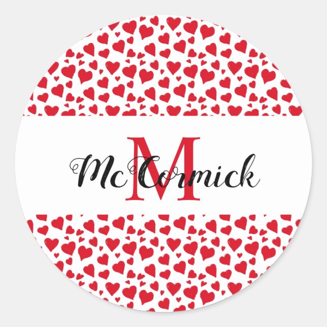 Personalized Valentines Day Red Heart Doodle Classic Round Sticker (Front)