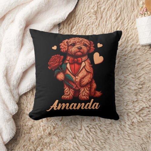Personalized Valentines Poodle with a Rose Throw Pillow