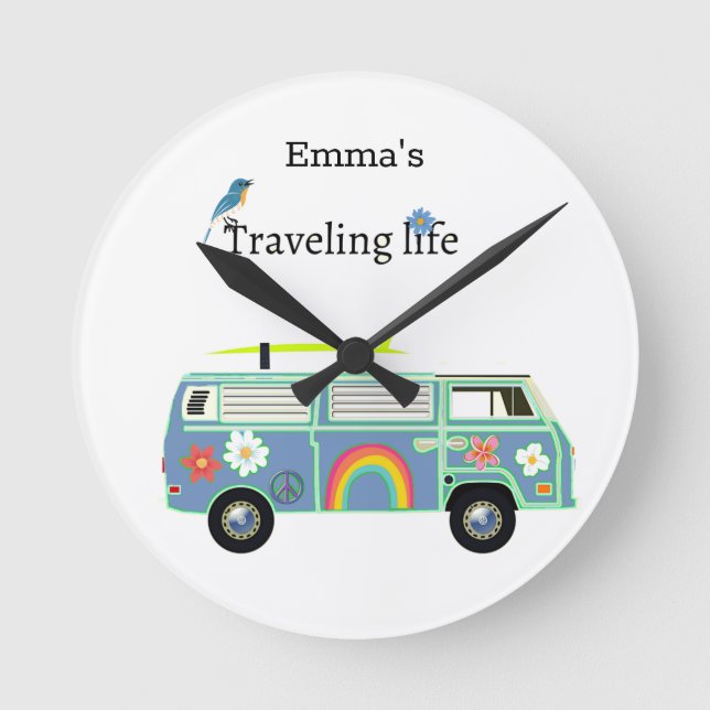 Personalized Van Life Traveling Soul Adventure Round Clock (Front)